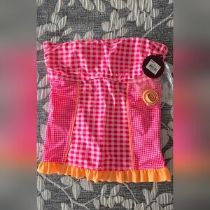 Pink Checkered Strapless Swimming Top with Orange Trim